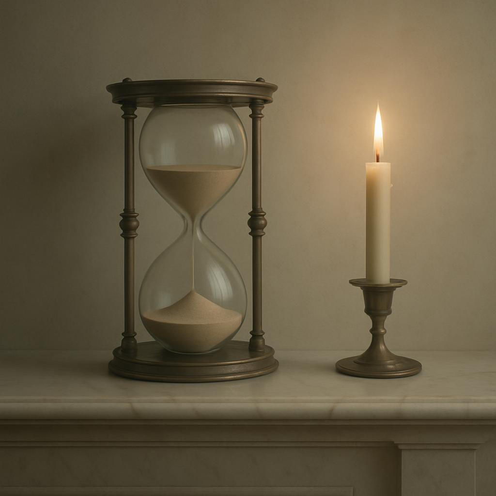 An hourglass sits on a marble mantle against a neutral background, with a lit candle to its right. Discriminating consumer...
