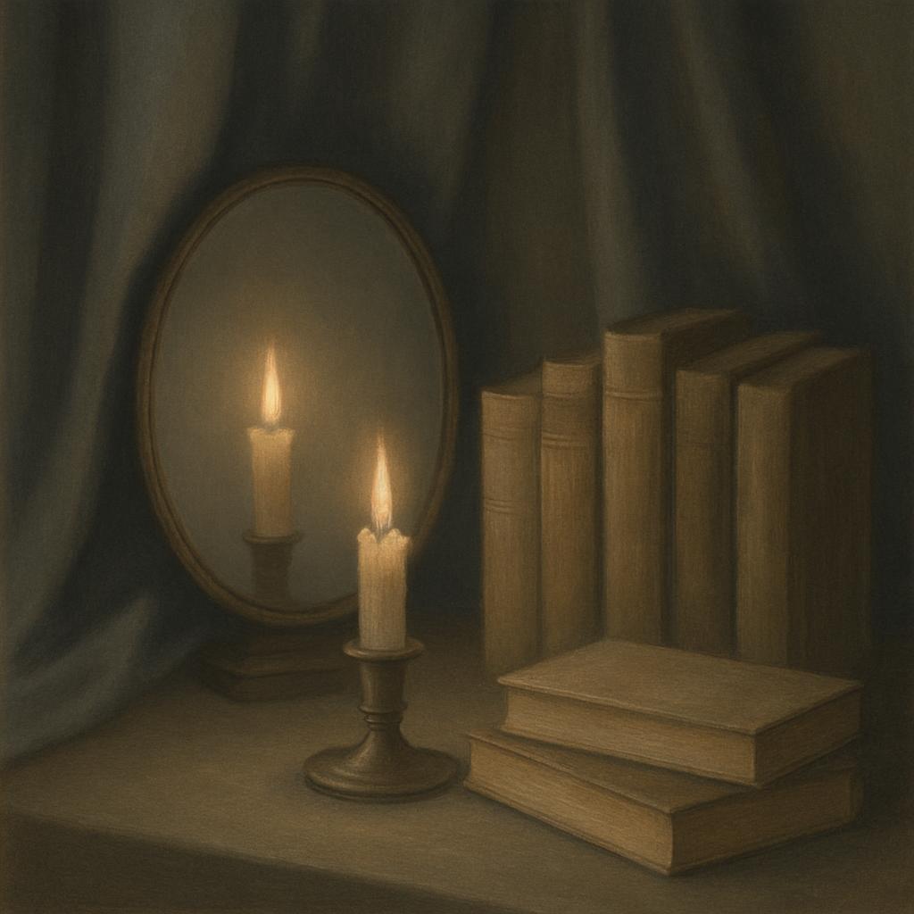 An oil painting of a tableau featuring lit candles, books, and a mirror reflecting another lit candle, set against a gray,...