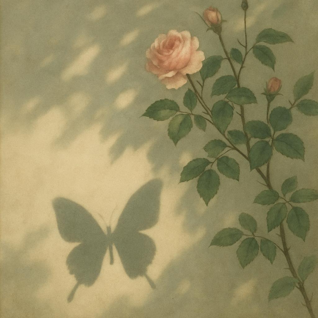 The image depicts a rose bush with pink blooms and luscious foliage alongside a butterfly with a slight silhouette, connec...